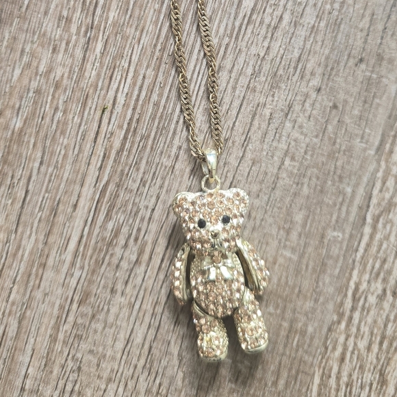 Black & Peach Crystal Gold Tone Teddy Bear Pendant On a 925 Gold Italy 18" Chain - Picture 2 of 5